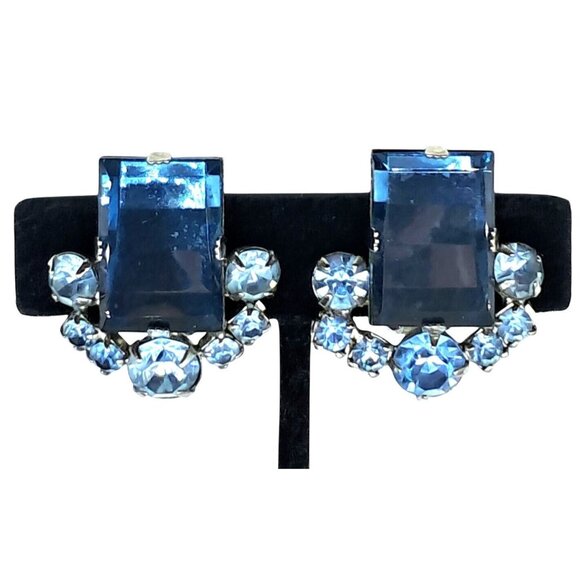 Vintage Blue Rhinestone Earrings Two Tone Blue Checkerboard Clip On Costume Jewe - Picture 1 of 10